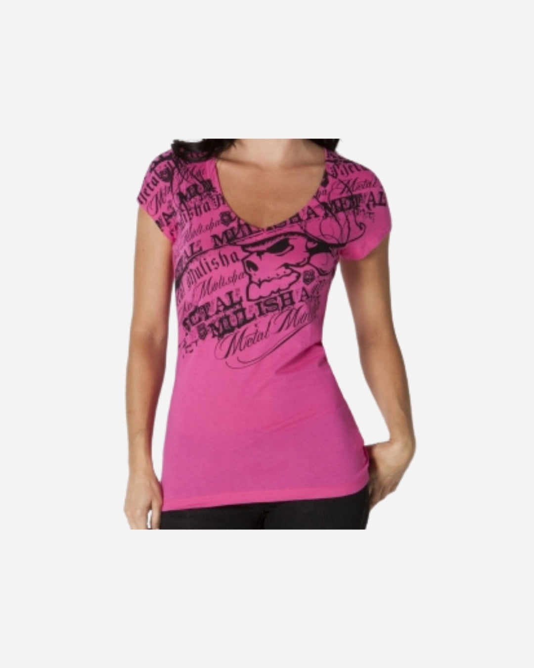 T-shirt Femme Metal Mulisha Transparenc col V - Rose fuchsia