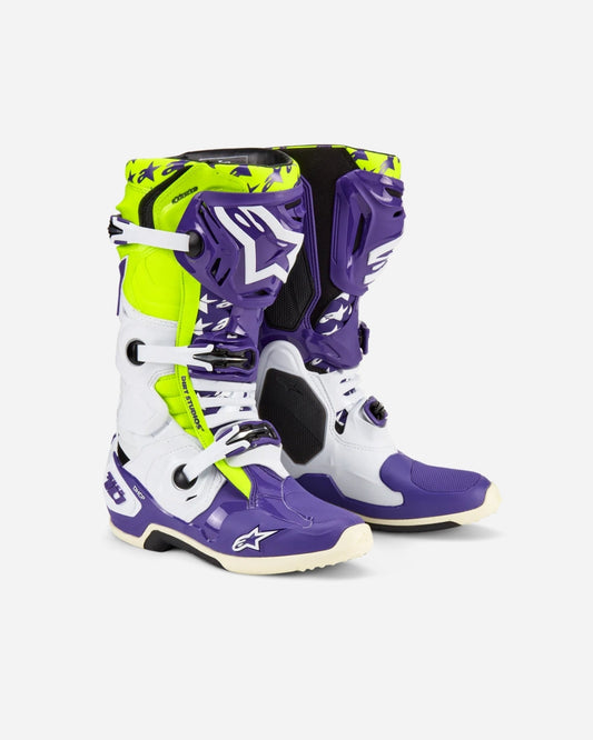 Bottes Alpinestars Tech 10 Dirt Studios® Édition Limitée - Blanc/Violet/Jaune fluo