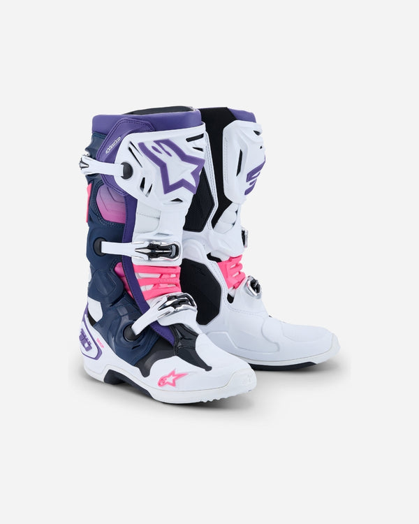 Alpinestars Tech 10 Stiefel – Weiß/Lila/Marineblau/Neonpink