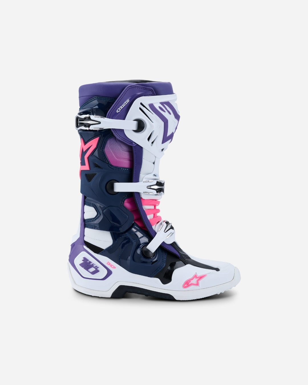 Bottes Alpinestars Tech 10 - Blanc/Violet/Bleu marine/Rose Fluo
