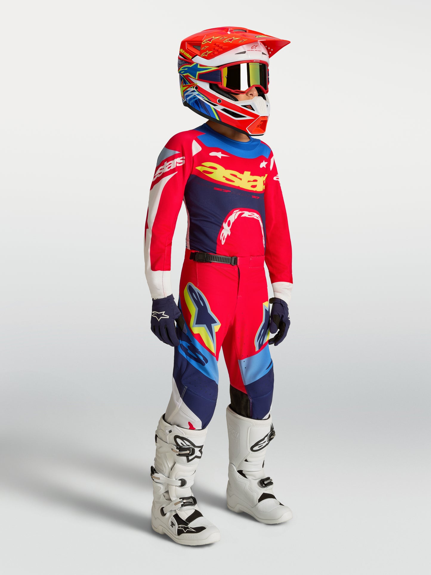 Pantaloni per bambini Alpinestars Supertech Dyna - Rosso fuoco/Bianco/Blu navy