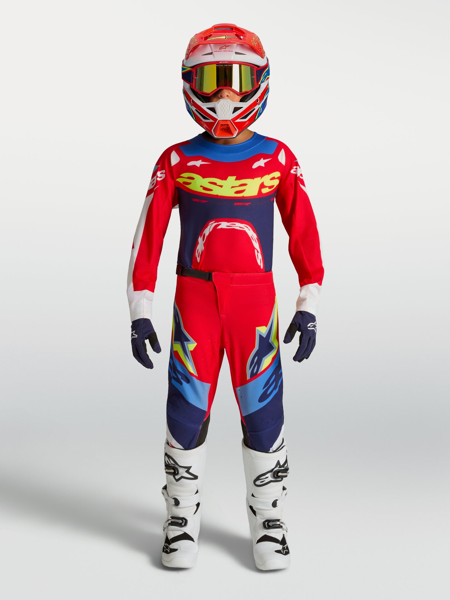 Pantaloni per bambini Alpinestars Supertech Dyna - Rosso fuoco/Bianco/Blu navy