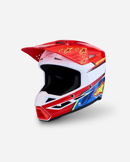Alpinestars S-M3 Falcon ece06 Kinderhelm - Fluoreszierendes Rot/Weiß/Blau/Fluoreszierendes Gelb/Glänzend