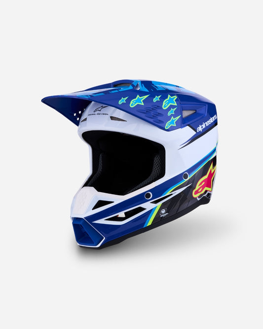 Alpinestars S-M3 Falcon ece06 Kinderhelm - Blau/Weiß/Schwarz/Fluoreszierendes Pink/Fluoreszierendes Gelb/Glänzend