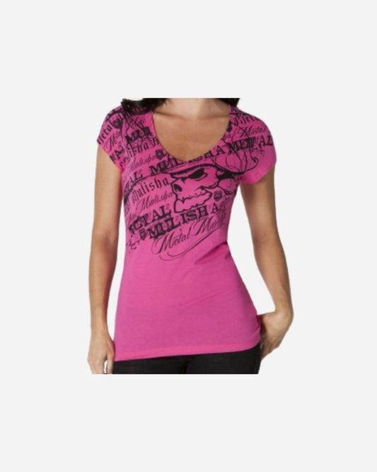 T-shirt Femme Metal Mulisha Transparenc col V - Rose fuchsia