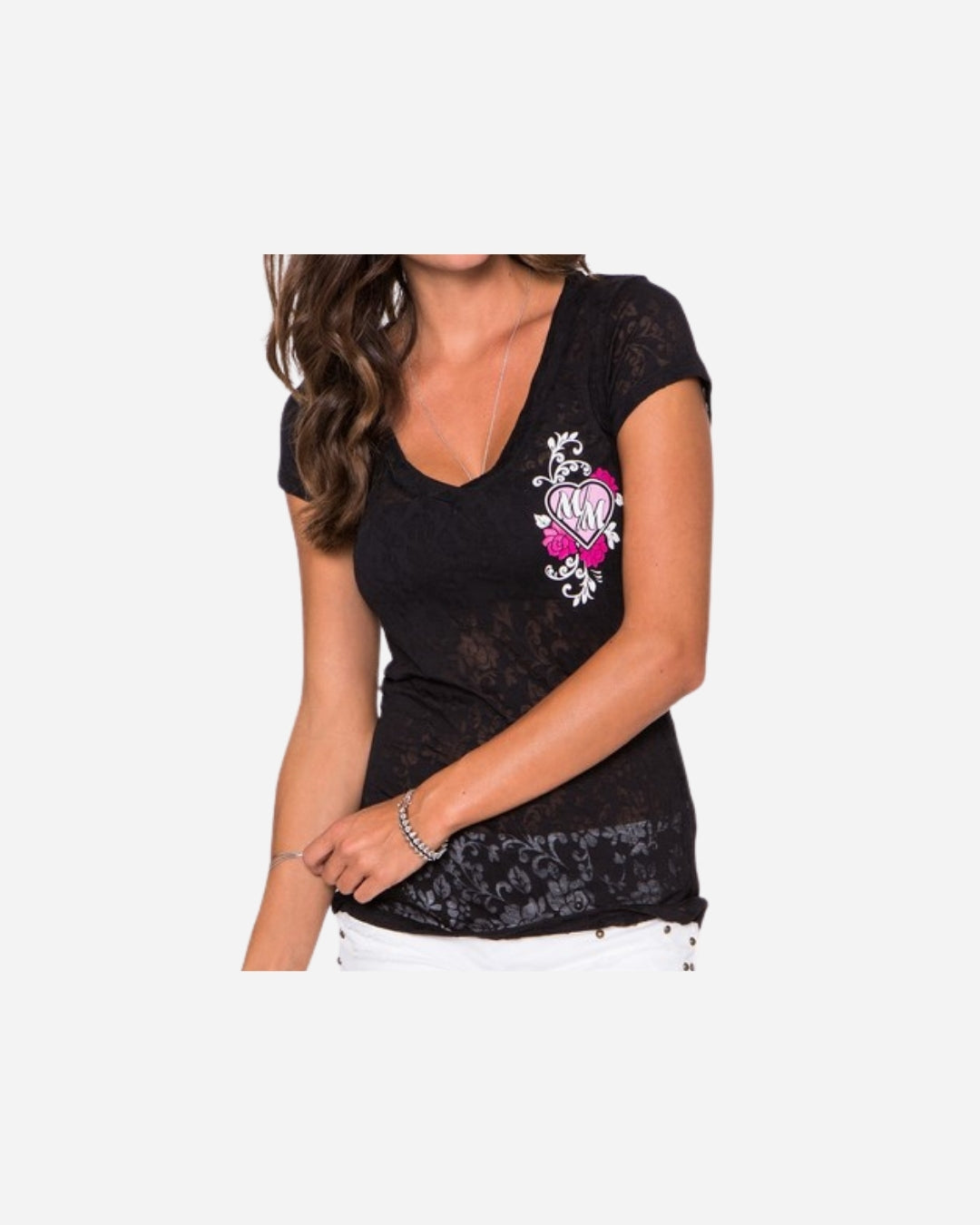 T-shirt Femme Metal Mulisha Flowers Burnout col V - Noir